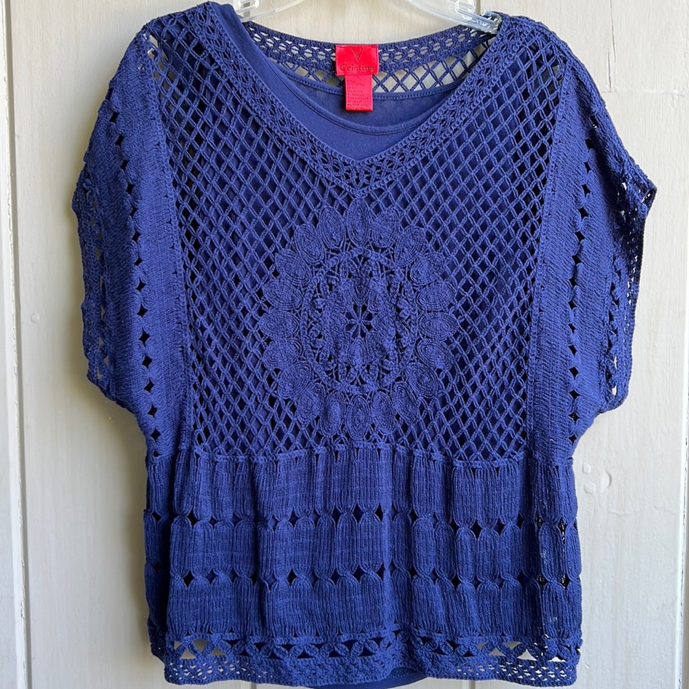 V Cristina Navy Blue Crochet Top_Size XL